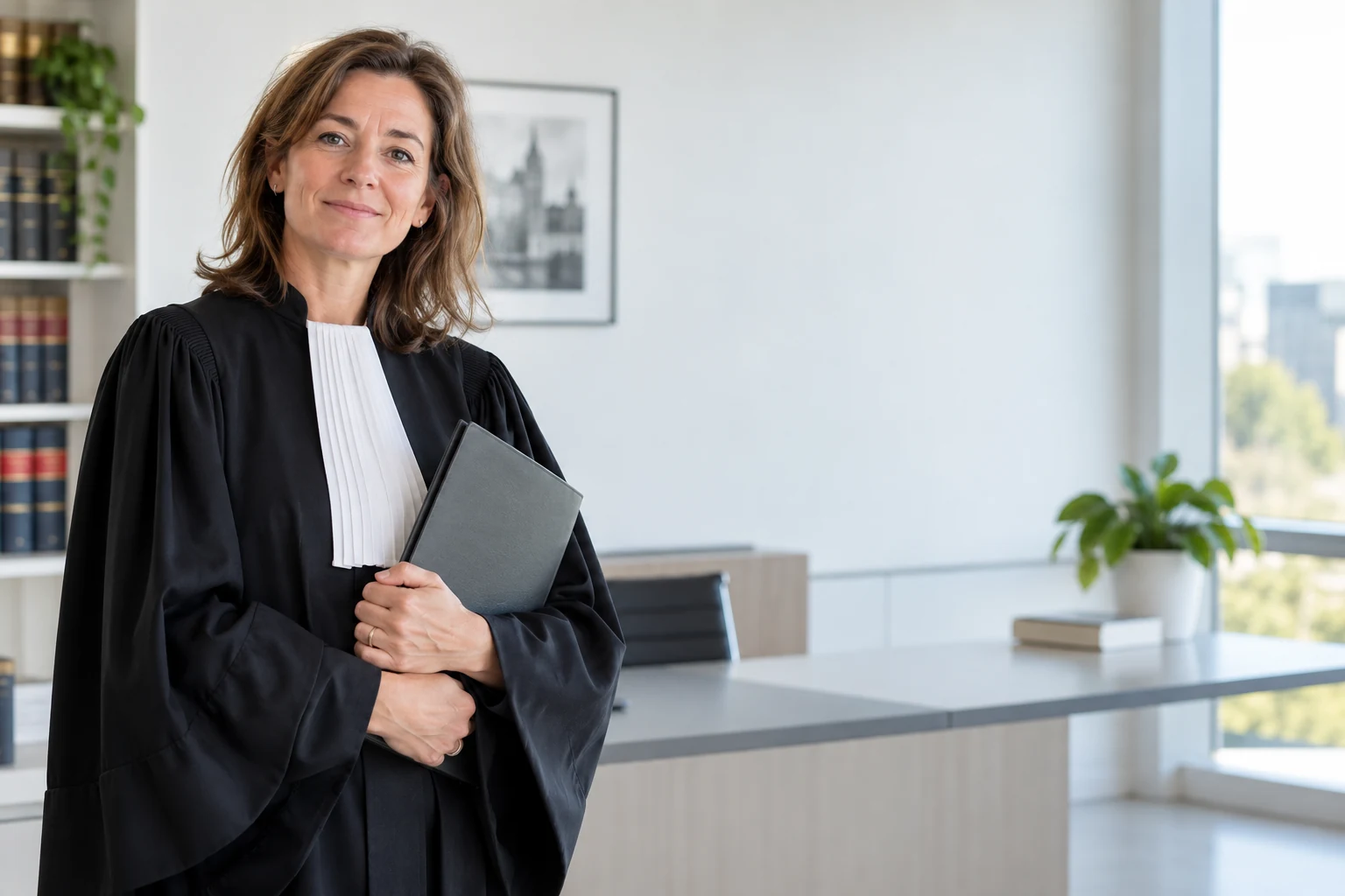Avocate en robe dans son cabinet, prête à recevoir un client