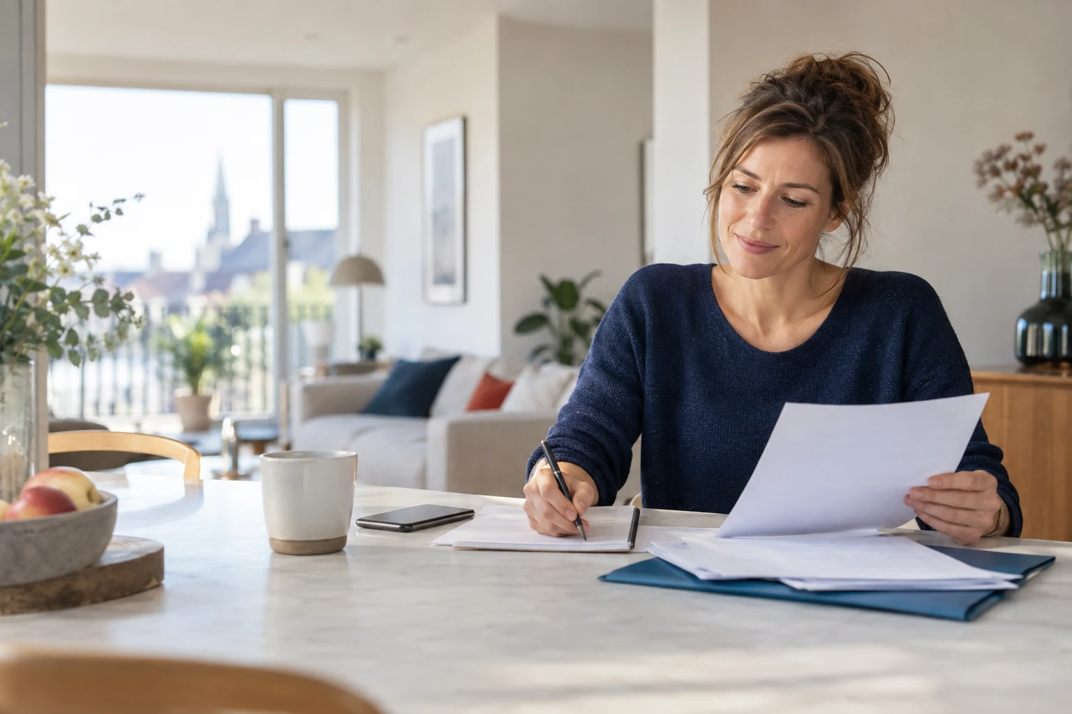 Femme consultant des documents avant de choisir un avocat