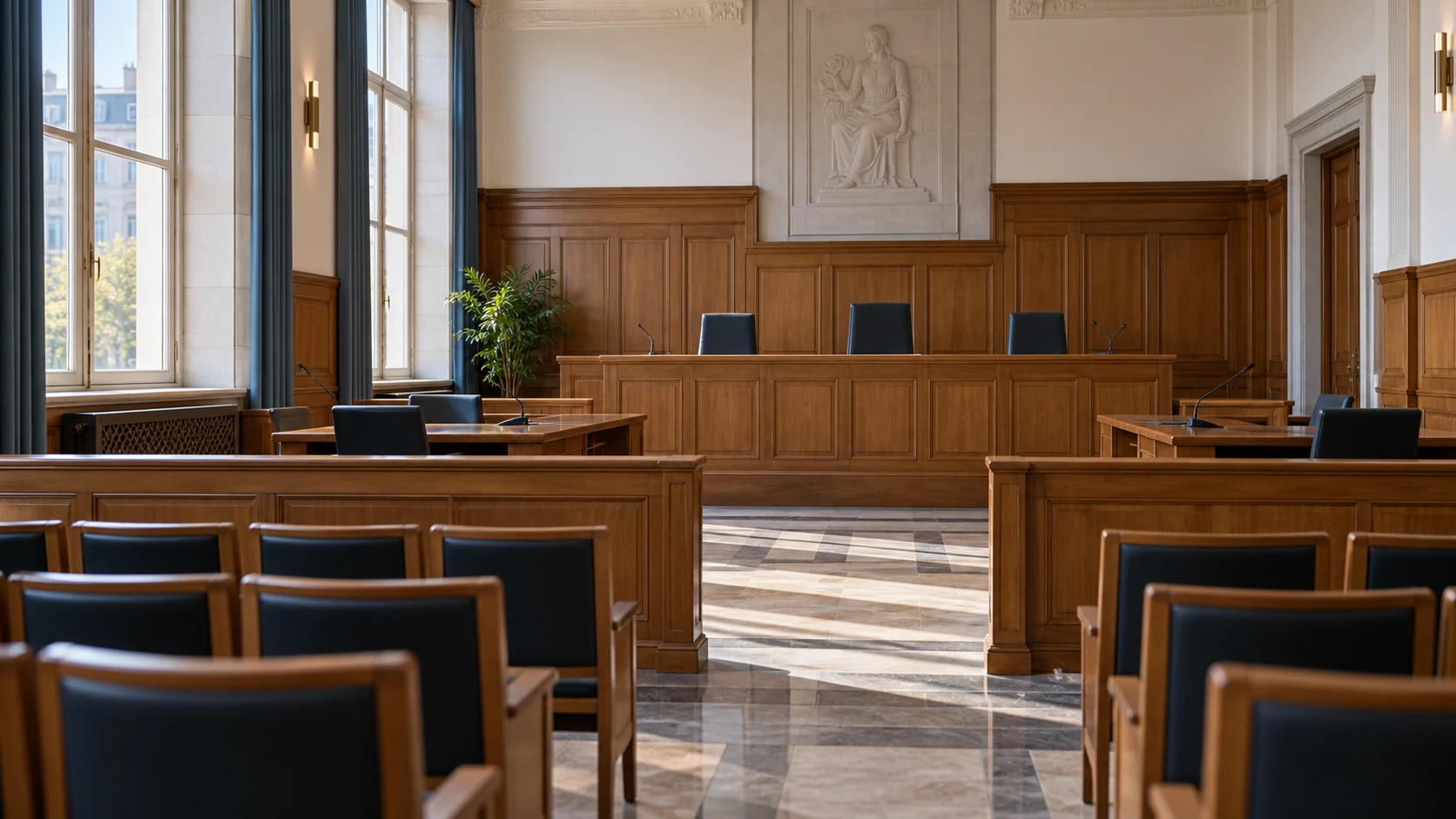 Salle d’audience vide et lumineuse pour les fiches pratiques juridiques